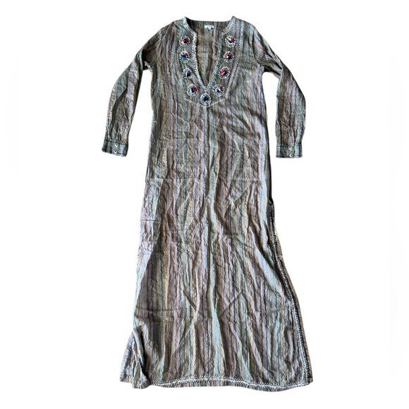 Manoush US 8 Sheer Maxi Kaftan Dress Embroidered Striped PomPoms Sequins - Picture 1 of 13